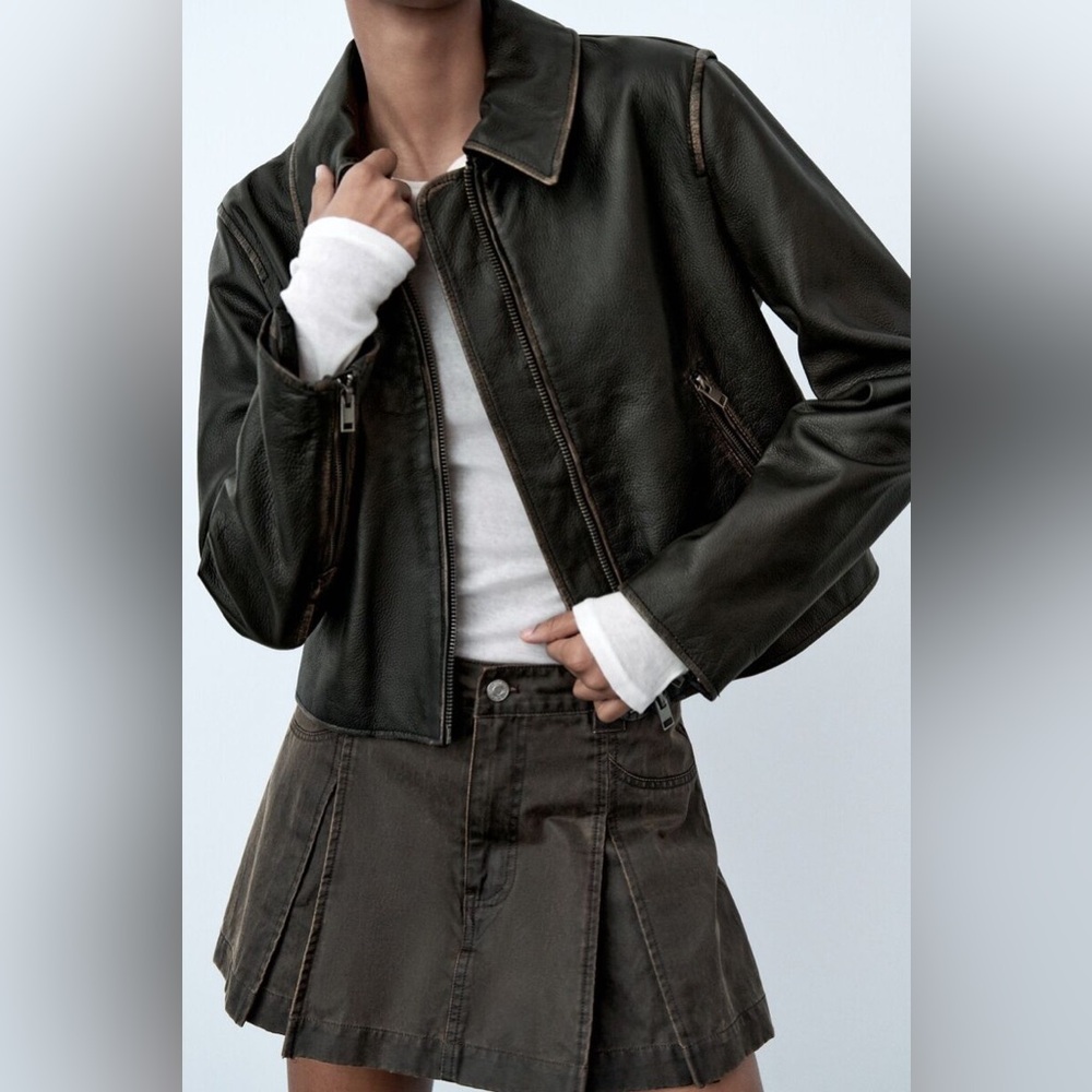 Zara Genuine Leather Jacket Distressed Crop 5479/711 XL Brown Vintage Look
